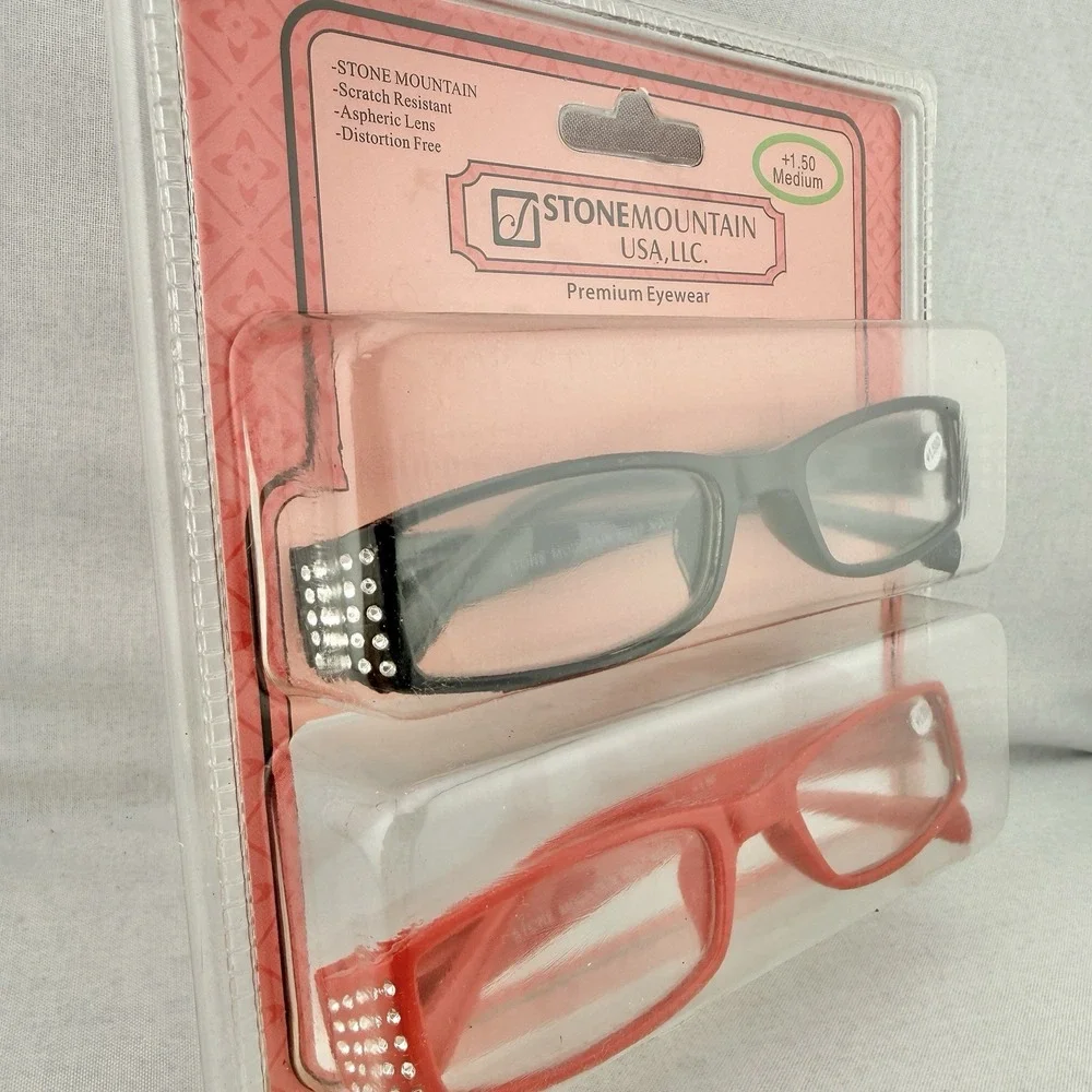 2 Rhinestone Rectangular‎ Reading Glasses +1.50 Med. Red & Black Frames Vintage